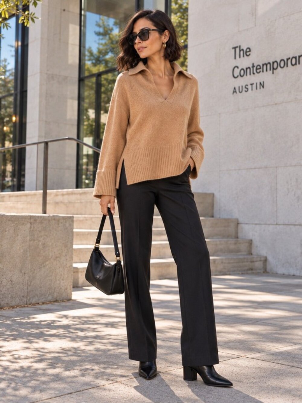 MOUSSY Camel Wool Cashmere Polo Collar Sweater
